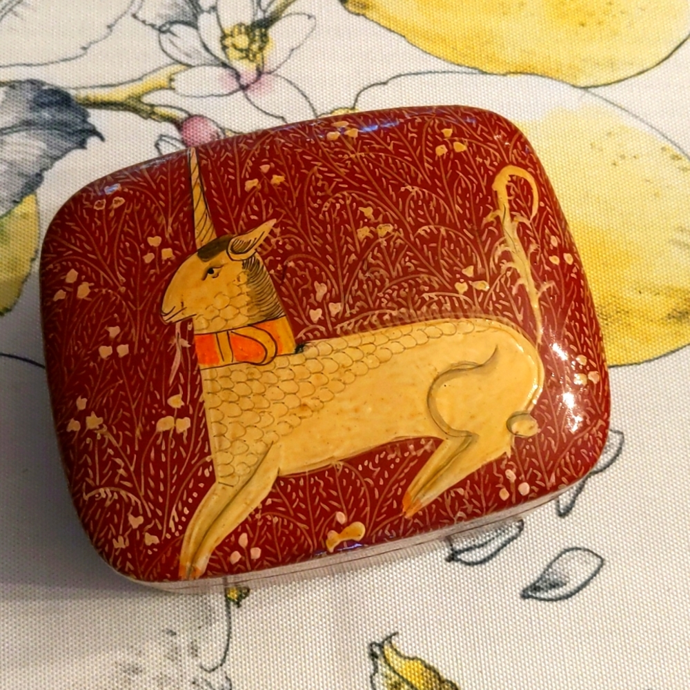 Unique vintage wooden unicorn hand painted trinket box